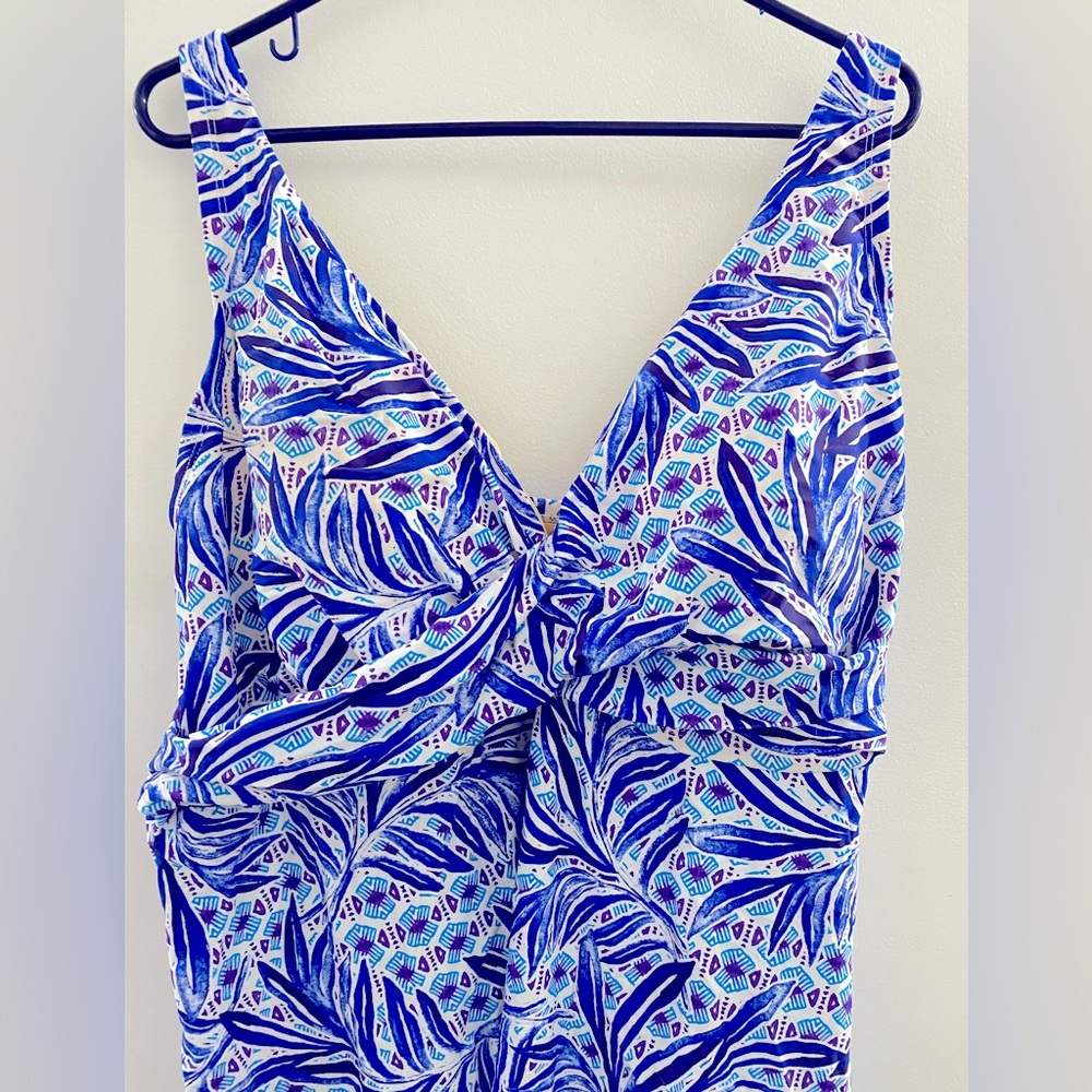 Swimsuits For All: Plus Size 30 2-piece Blue/White Swim Dress with Bottoms.